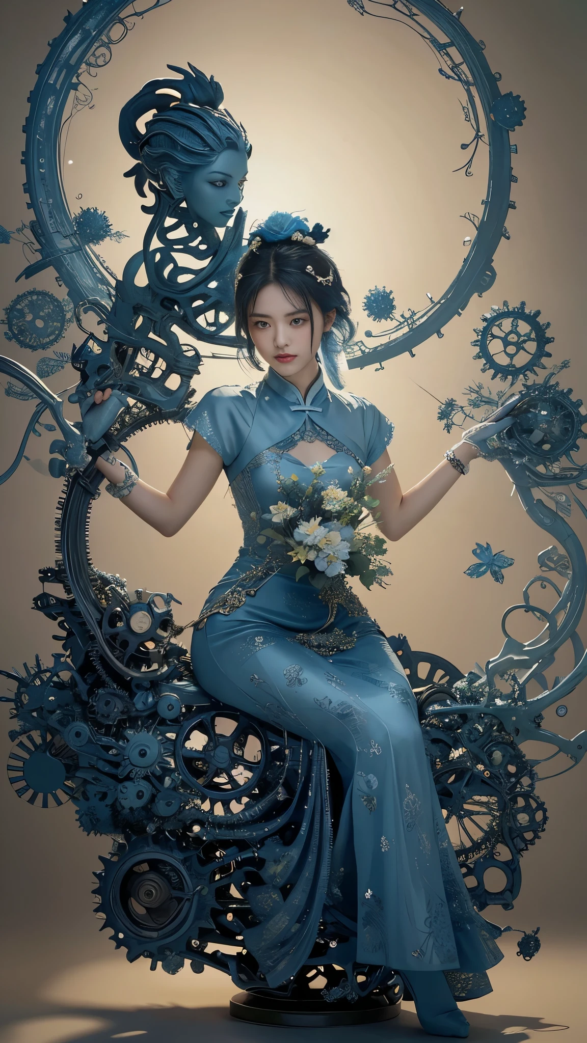 A subtle Chinese woman with a subtle characteristic, full lips, a smooth tan tan tone, blue hair, and blue hair are decorated with countless complex vortex elements, gears, gears, flower patterns, beads Hanging gorgeous jewelry conveys a tranquil contemplation; the Victorian style inspired by steam punk is injected into organic and mechanical aesthetics; the tranquil statue postures tranquility; -v2: 1.0>