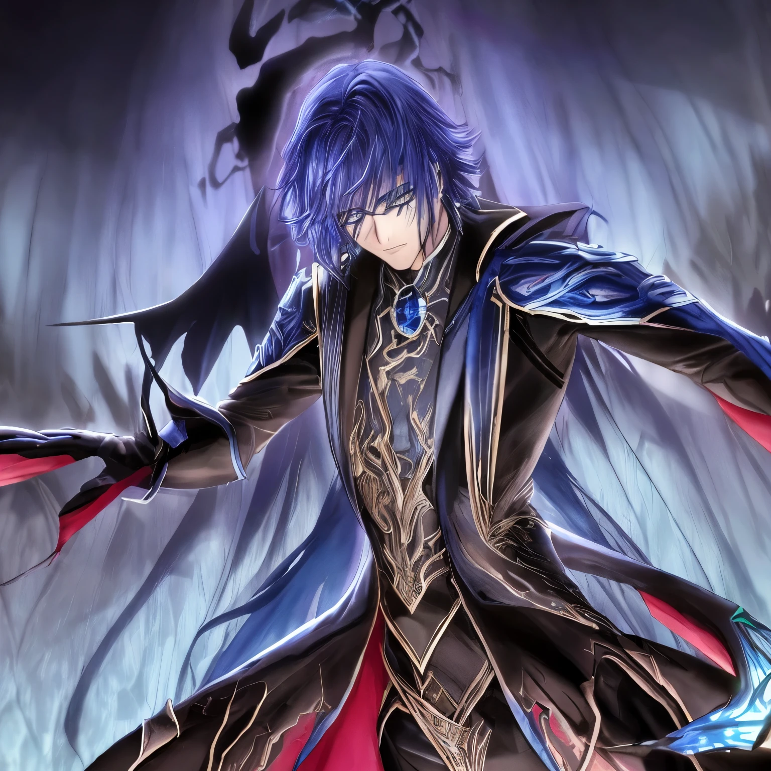 Homem bonito, soberano, fundo noite, cabelos cacheados preto, bright blue iris, demonic shadow.