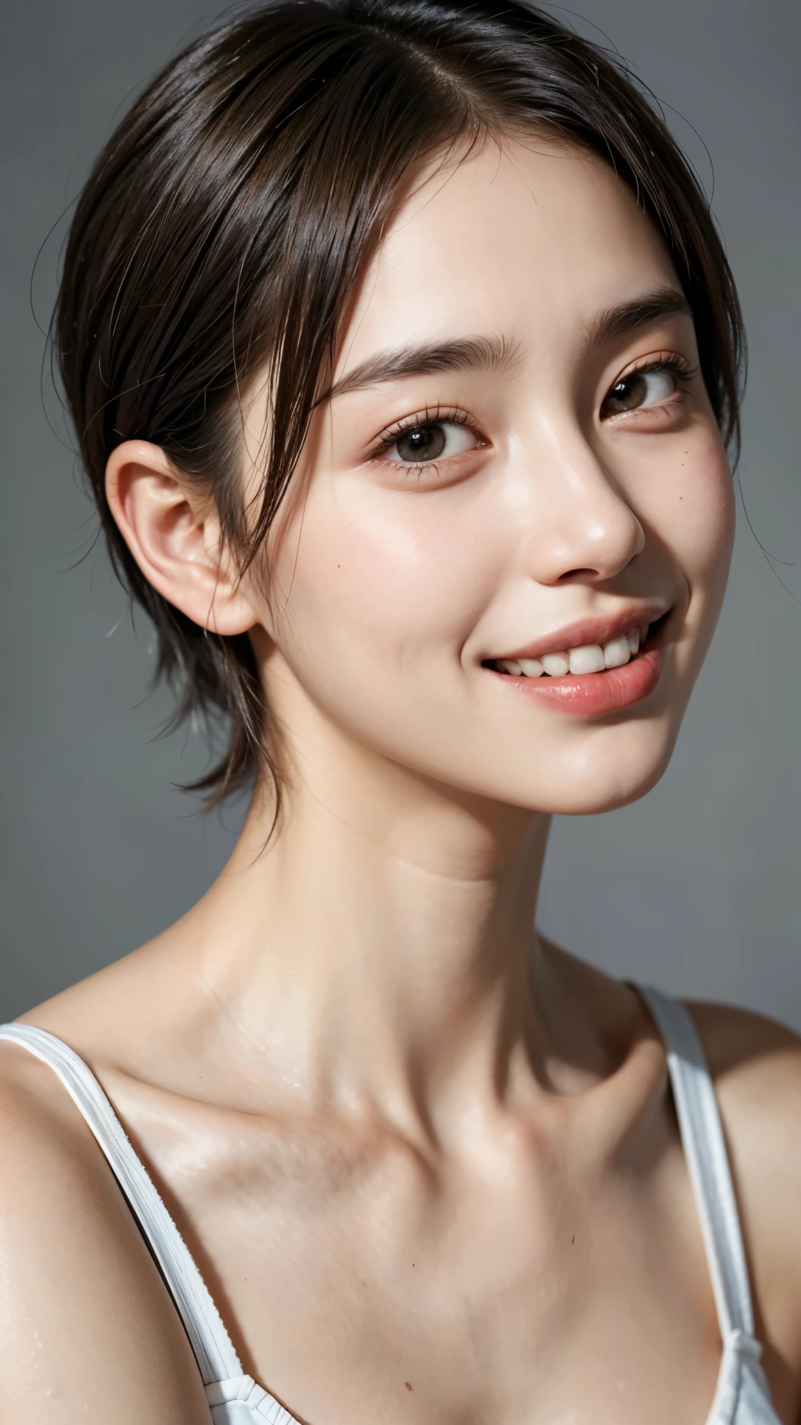 highest quality, masterpiece, ultra high resolution, (realistic:1.4), (portrait facing each other) Raw photo, 1 girl, 26 years old,((sister)),((short hair)),((looking up at the viewer)),realistic,((Simple solid color background)), picture media chest)),((toothy smile)),