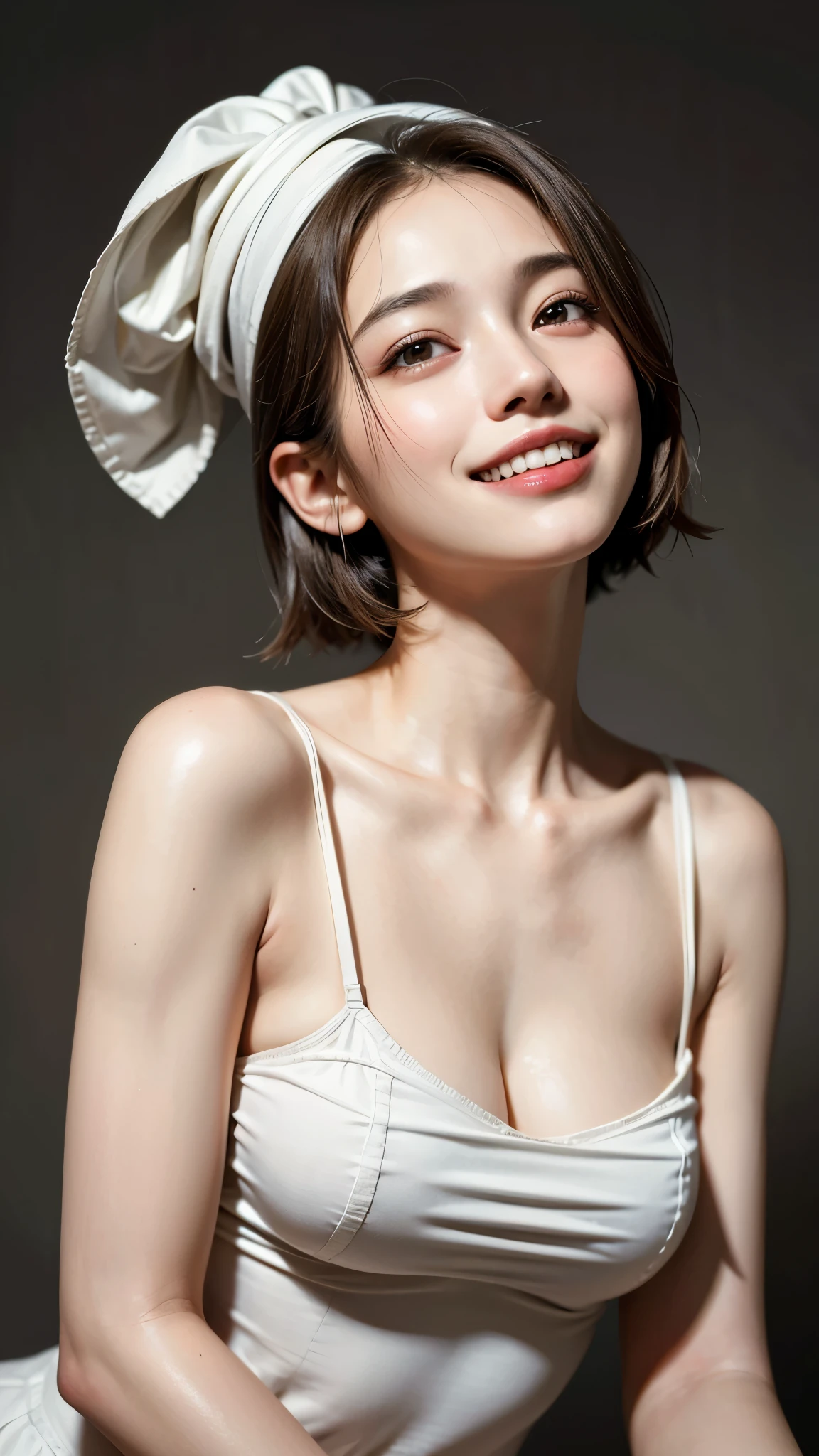 highest quality, masterpiece, ultra high resolution, (realistic:1.4), (portrait facing each other) Raw photo, 1 girl, 26 years old,((sister)),((short hair)),((looking up at the viewer)),realistic,((Simple solid color background)), picture media chest)),((toothy smile)),