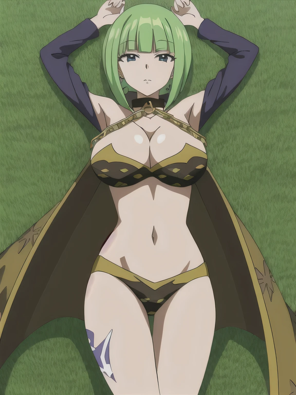 brandish, 1girl, solo, looking at viewer, cleavage, cowboy shot, collar, chain, anime coloring, solo, spread arms, lying, on back, on grass, arms up, looking at viewer, solo, in the center, cowboy shot, high quality, thighs,