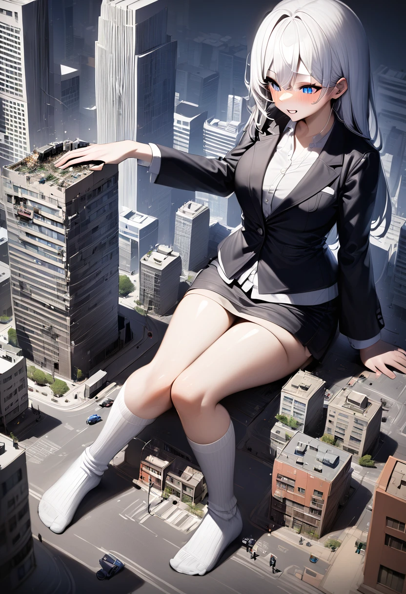 huge， girl，white hair，short skirt，teasing，A giant girl taller than a building，Wearing white knee socks，city-destroying，miniature city，Kneeling in the city，holding hands，There is a little person in the palm of my hand，There are many miniature cars around