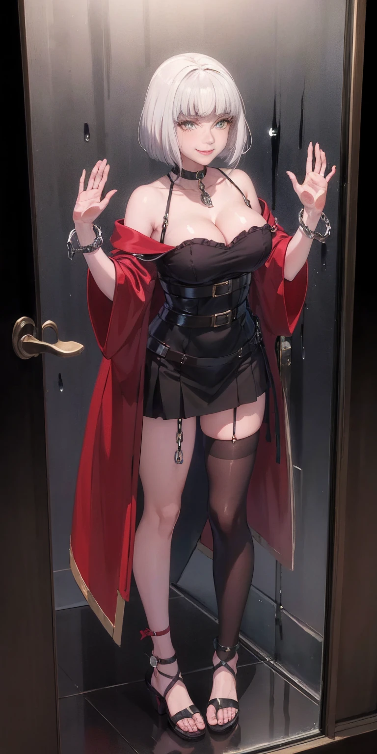 dark fantasy anime illustration of a (mature MILF BIMBO albino skin and short white hair), (FULL BODY) perfect face, wearing tight leather stealth armor, stalking, BIG KNOCKERS CLEAVAGE, lustful smirking smile red blush red cheeks, chain leash, kneeling, shackles, leather black collar slave, ((BLACK background)) hands on glass WITH KNOCKERS on glass, glass window fog water drop, 5 fingers each hand, metal handcuffs, black choker collar, thighhighs, long legs, metal ankle, metal sandals, metal shoulders, standing straight symmetrical against glass