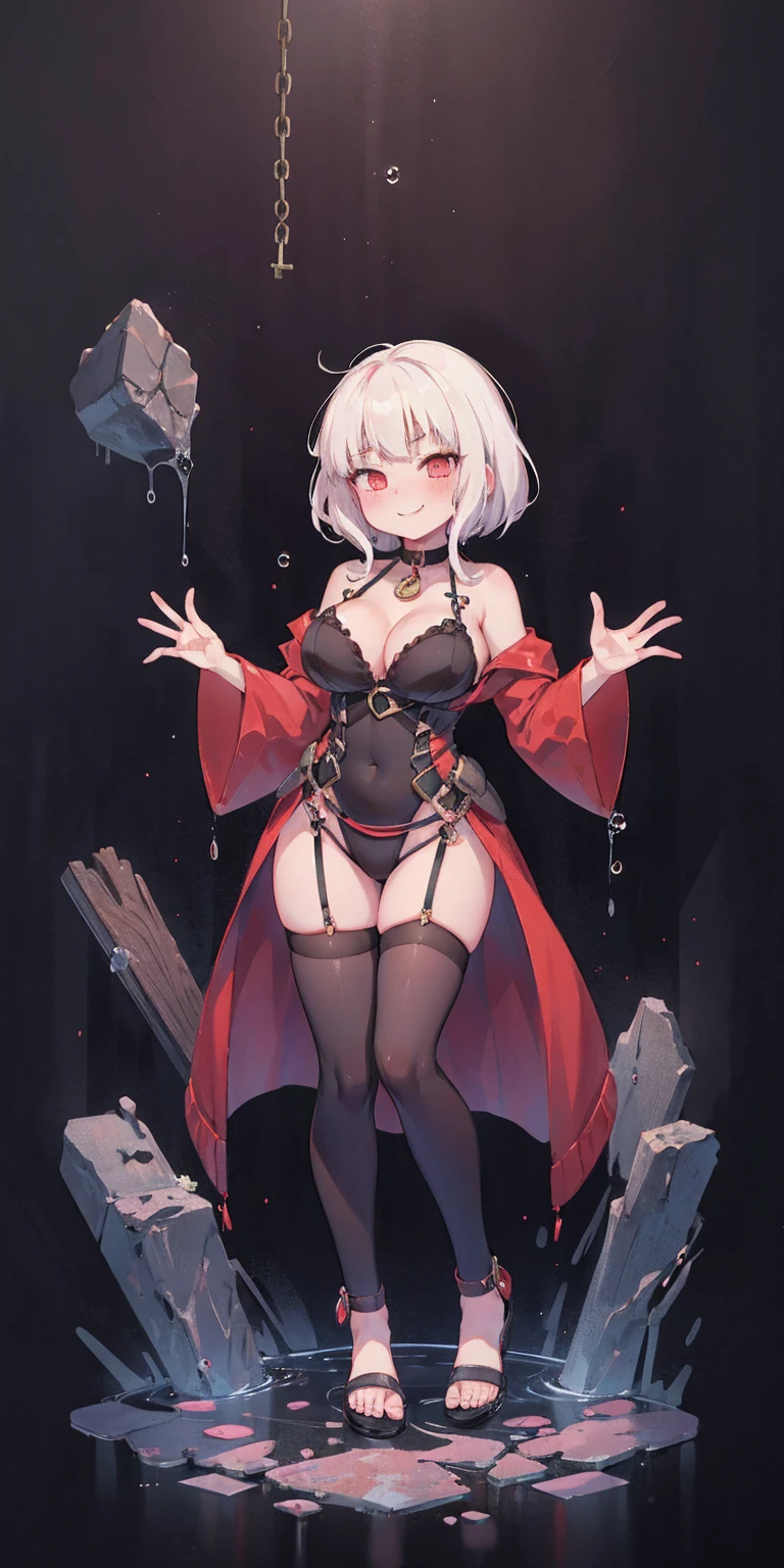 dark fantasy anime illustration of a (mature MILF BIMBO albino skin and short white hair), (FULL BODY) perfect face, wearing tight leather stealth armor, stalking, BIG KNOCKERS CLEAVAGE, lustful smirking smile red blush red cheeks, chain leash, kneeling, shackles, leather black collar slave, ((BLACK background)) hands on glass WITH KNOCKERS on glass, glass window fog water drop, 5 fingers each hand, metal handcuffs, black choker collar, thighhighs, long legs, metal ankle, metal sandals, metal shoulders, standing straight symmetrical against glass
