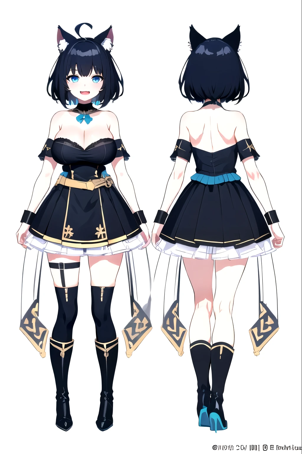 ,((upright)), ((arm at side)), looking at the viewer, simple background、white background, 1 girl, open your mouth, smile, Virtual YouTuber、with a girl、((highest quality, expensive_solve, clear_image)),(black hair), (black cat ears), (Ahoge), (ridiculously short hair), (wavy hair), (blue eyes),、laughter、very big breasts、whole body、Draw to the toes、I put boots on my feet、cleavage visible、dressed in military uniform、Reference sheet、((show viewer))。