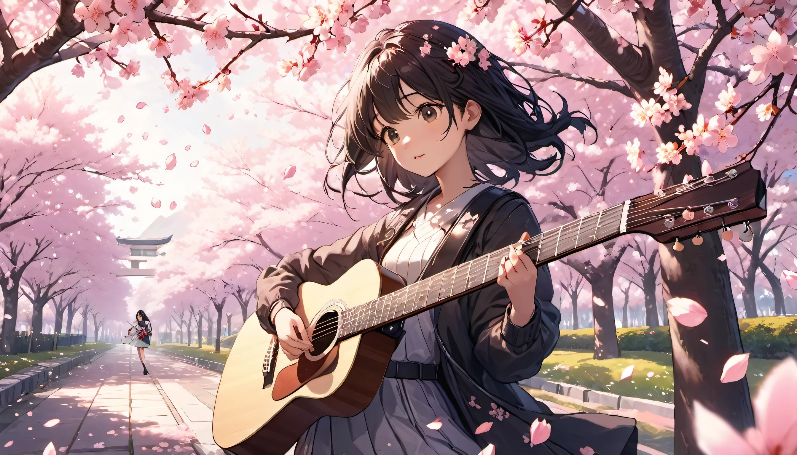 Highly detailed CG Unity 8K wallpaper, highest quality, Super detailed, perfect lighting, Accurate shadowing, vibrant and lively,(cherry blossom background)
close, masterpiece,Surrounded by cherry blossom trees、 highest quality,black hair girl cute girl playing guitar petals, figure, highest quality, Super detailed