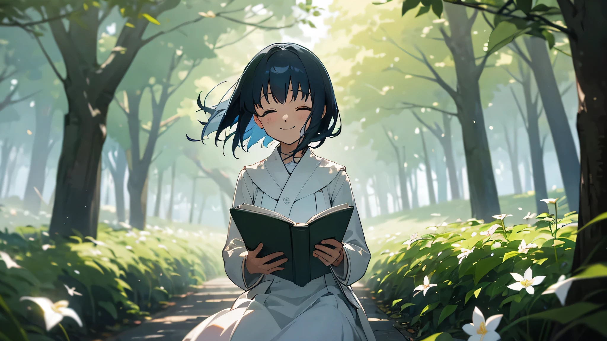 funeral freelen,sunlight filtering through the foliage,reading,anime style,super resolution,Spring breeze,smile,A crumpled smile,white dress