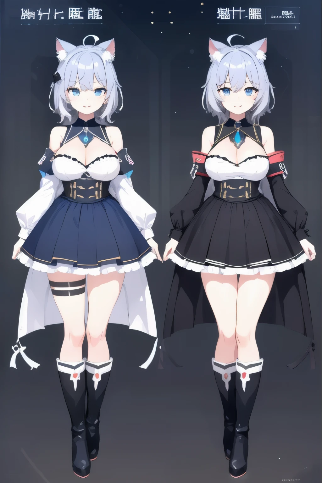 ,((upright)), ((arm at side)), looking at the viewer, simple background、white background, 1 girl, open your mouth, smile, Virtual YouTuber、with a girl、((highest quality, expensive_solve, clear_image)),(black hair), (black cat ears), (Ahoge), (ridiculously short hair), (wavy hair), (blue eyes),、laughter、very big breasts、whole body、Draw to the toes、I put boots on my feet、cleavage visible、dressed in military uniform、Reference sheet、((show viewer))。