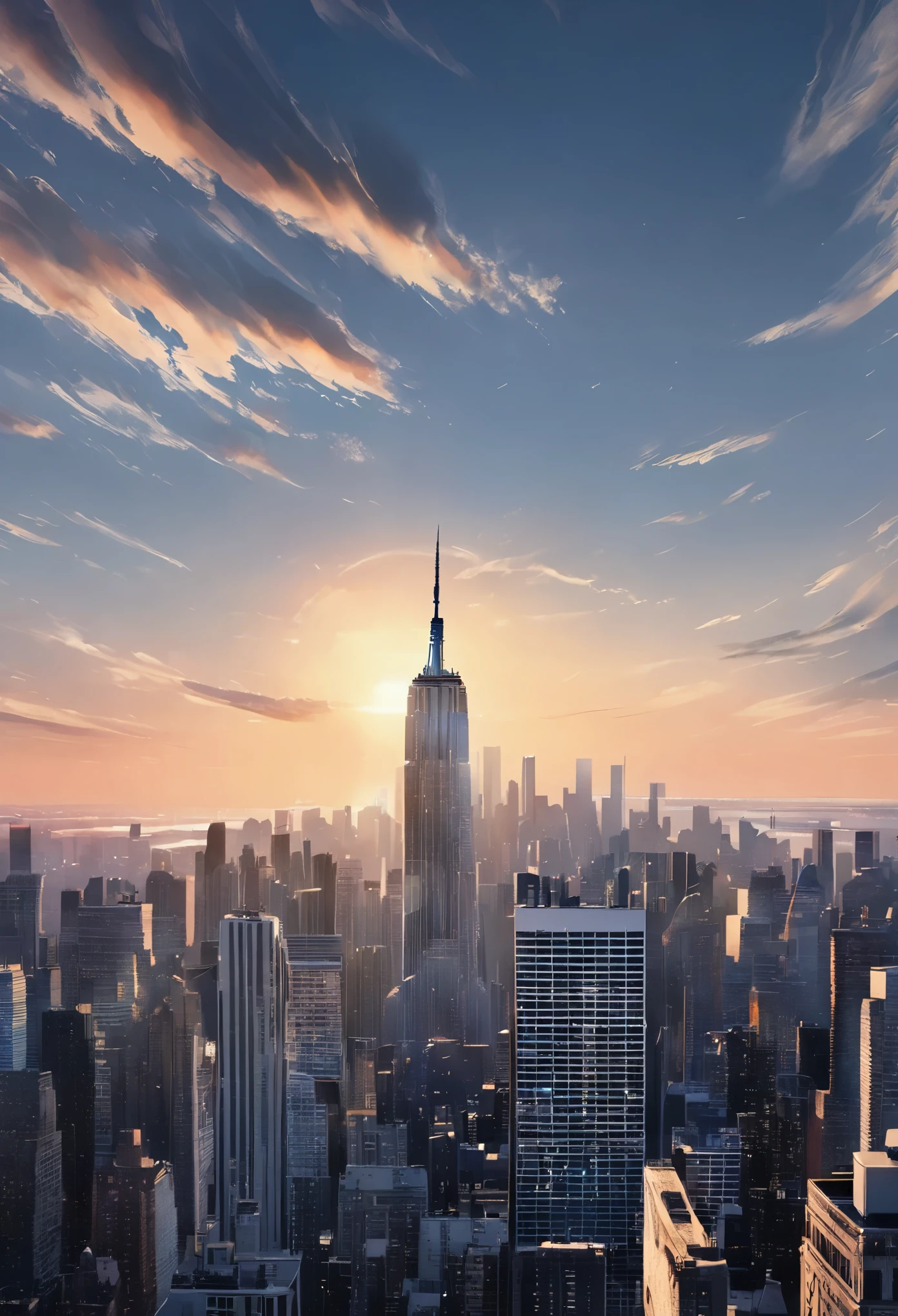 new york city skyline，Morning sun rays，Magritte&#39;s style