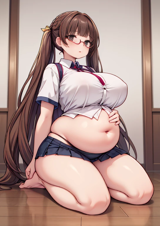 (masterpiece, best quality, highly detailed), 1girls, big belly, blurry background, huge belly, art by kipteitei, round belly, chubby, curvy, simple_background, gradient_background, belly grab, enormous belly, fat belly, thicc, bigger belly, really big belly, jiggly belly, shirt covering belly, belly cover by shirt, glasses, barefoot, (((mommy))), ((full body)), long hair