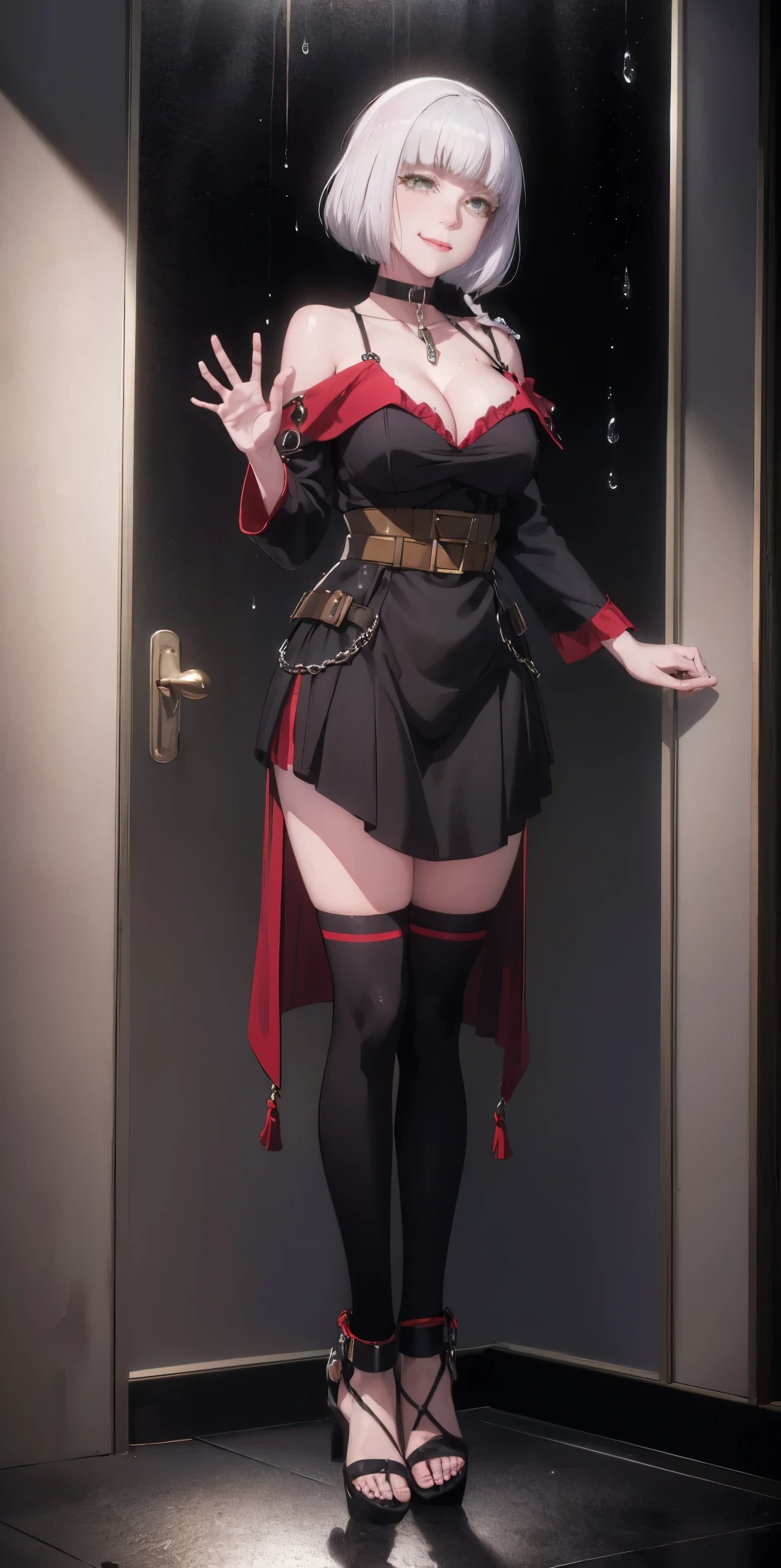 dark fantasy anime illustration of a (mature MILF BIMBO albino skin and short white hair), (FULL BODY) perfect face, wearing tight leather stealth armor, stalking, BIG KNOCKERS CLEAVAGE, lustful smirking smile red blush red cheeks, chain leash, kneeling, shackles, leather black collar slave, ((BLACK background)) hands on glass WITH KNOCKERS on glass, glass window fog water drop, 5 fingers each hand, metal handcuffs, black choker collar, thighhighs, long legs, metal ankle, metal sandals, metal shoulders, standing straight symmetrical against glass