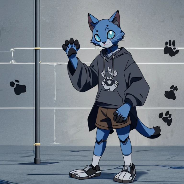 Furry blue cat, half cyborg, your body contains robotic parts, wears a long dark gray sweatshirt with a paw print in the middle, the sleeves of the coat are striped between white and dark gray, brown shorts and no shoes, showing his paws.