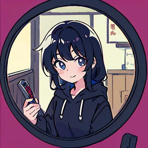 Selfie - through the mirror, smile,Black hoodie - hood,modern japanese women,Hair - Long, Background - Home room,Ulzzang, cute natural anime face, Chiho, Clean and cute face, Kanriu 666,