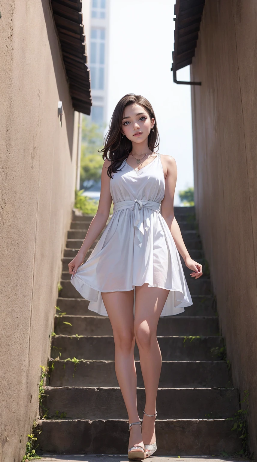 1girl,highres,  high quality,  masterpiece,  bare shoulder, see through dress, stairs, own hugging feet, own hugging  legs, slit, arms up behind
