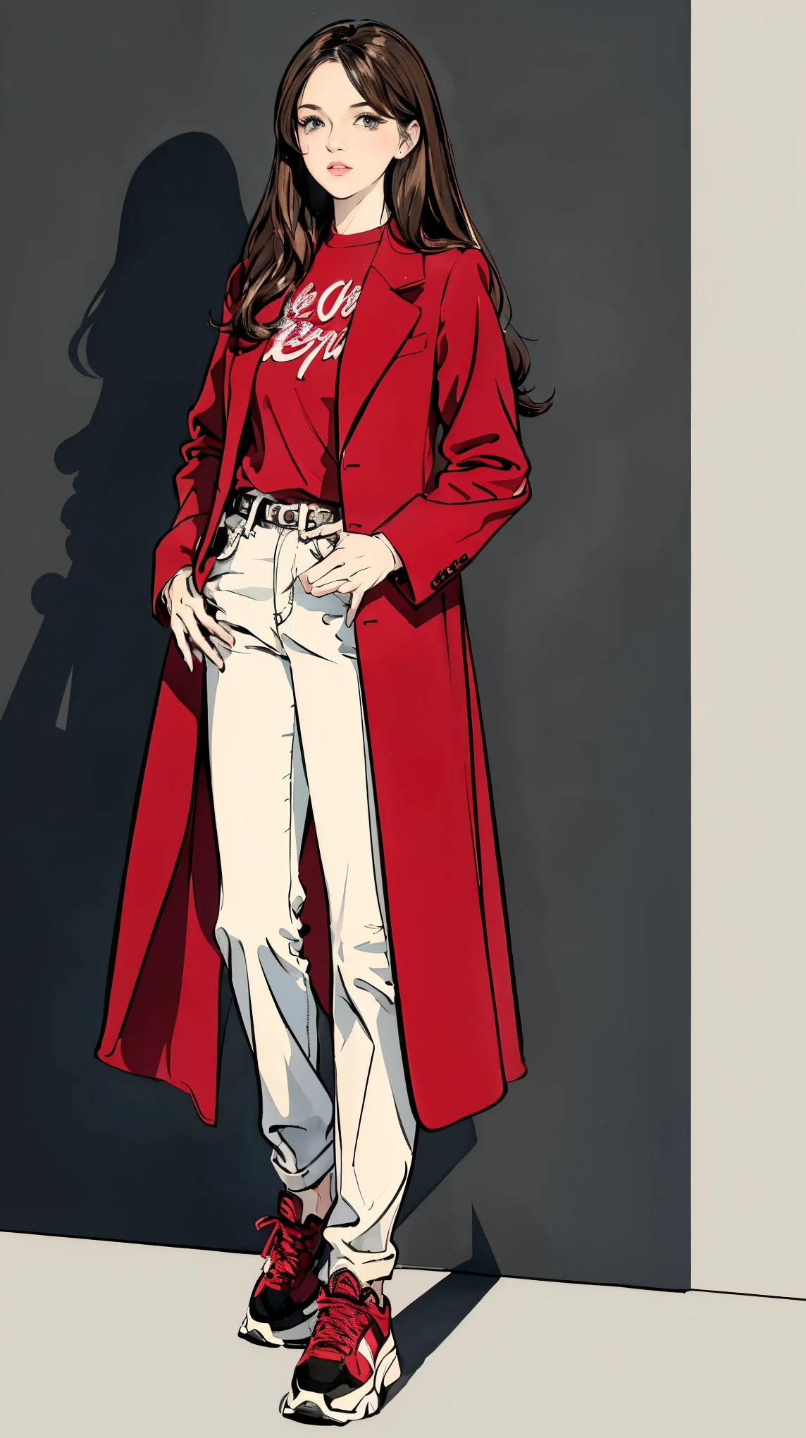 ((best quality,4k,highres,masterpiece:1.2)),((character concept art)), 1 female, age 23, French origin. With her soft, chestnut waves and striking hazel eyes, Claudine exudes an irresistible allure. Exchange student from France, Claudine's humble upbringing only enhances her intriguing persona. Her body language is as captivating as her intellect, always exuding confidence and sophistication. ((She is wearing a red velvet coat over white oxford shirt, denim jeans, and sneakers)). The attire's minimalist color enhances her unassuming persona. Claudine is genuinely altruistic, driven by a desire to make the world a better place—a stark contrast to the power-driven motives of her biological father. ((intricate detail)), super finely detailed hands, ultra finely detailed fingers(((ten fingers))), (standing confidently), (full body showcase), (show full body), (no logos on background), (no logo), ((plain background)), ((plain background)), (((empty background))).