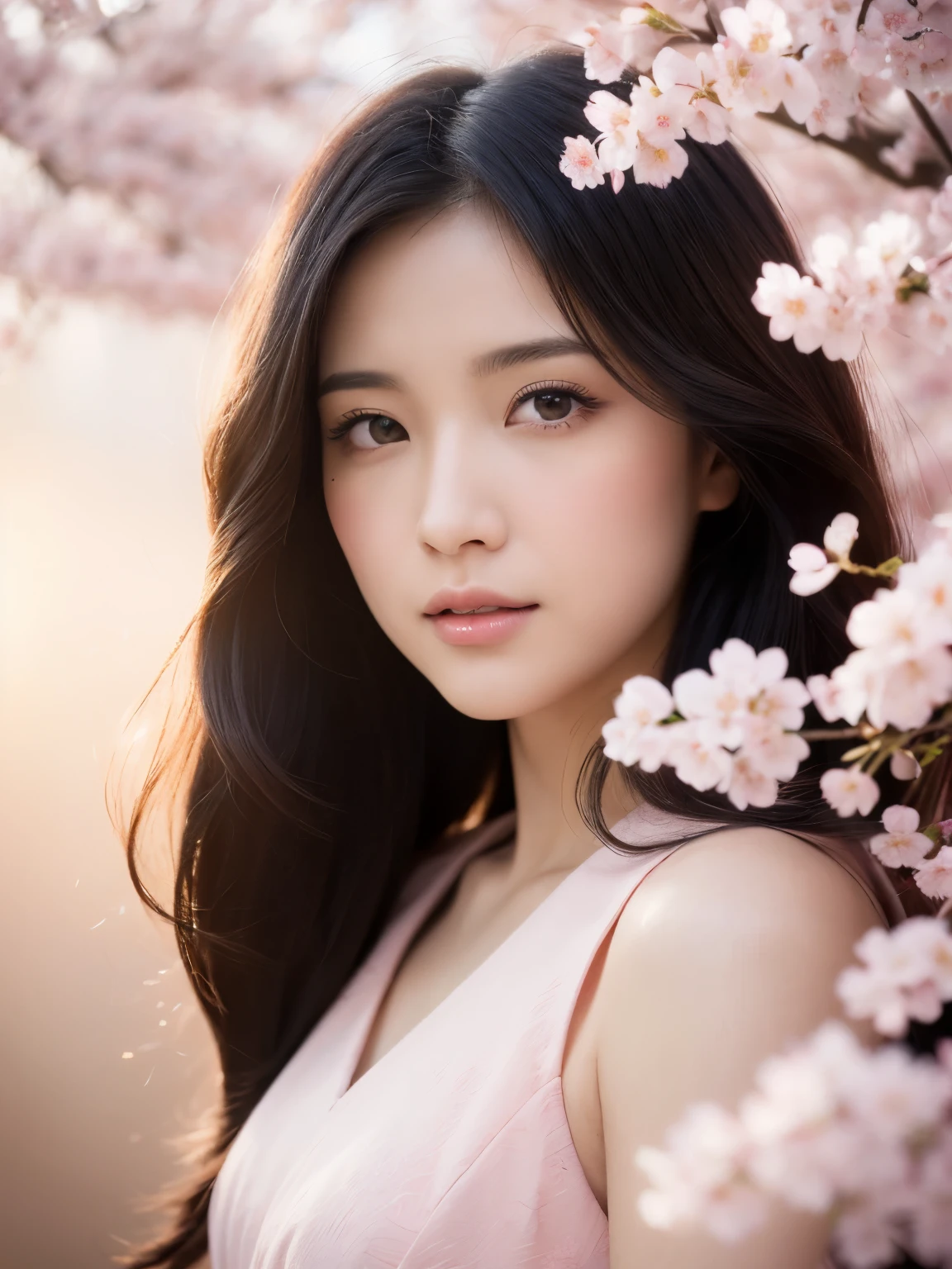 (A logo, masterpiece, 8K, masutepiece, Raw photo, Fantastic, Best Quality, Photorealistic and ighly detailed CG integrated 8k wallpaper, hightquality, ighly detailed, epic poem, Particle effect, Dynamic effects, depth of fields, Cinematic Light, Lens Flare, Ray tracing), Fantasia,  (Beauty 1 person, doress, Dress, Cherry blossom pattern, A dark-haired, Beautiful face, Real Face, beautiful details eyes beautiful skin), my hair dances in the wind, Hair flutters in the wind, Hair jumps, Pink cherry blossom tree, Petals flutter, Sakura blizzard, Superb view, morning glow, Sun in the background, the wind,