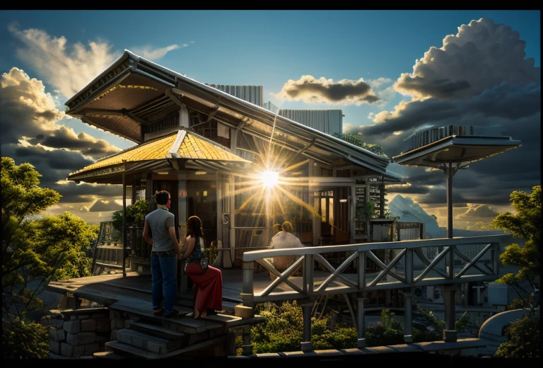 architecture, (((kios))), vine, trees, cloud, sunset, vivid colours, sky, masterpiece,best quality,super detailed,realistic,photorealistic, 8k, sharp focus, a photo of a building day light, sun, cloud, RAW Photo, RAW texture, Super Realistic, 32K UHD, DSLR, soft lighting, high quality, film rating, Fujifilm XT3