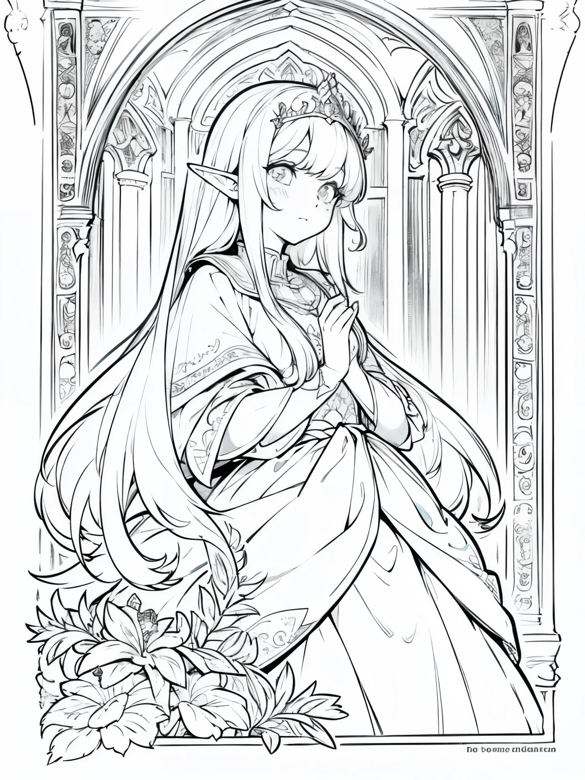 Please generate only the outline or stroke of this drawing so that I can use it in a coloring book: A beautiful elf princess in her castle