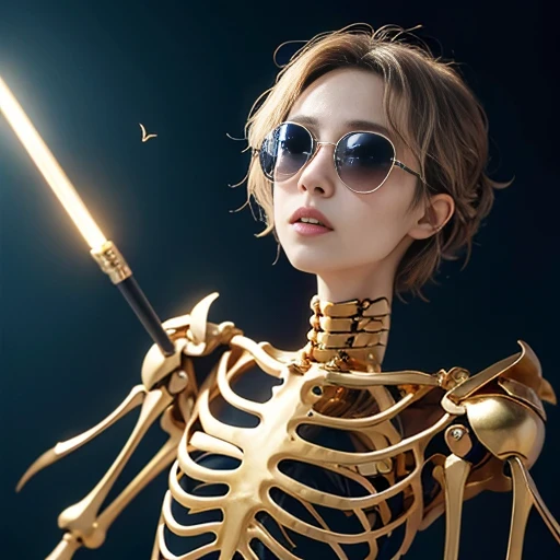 baton,Transparent wings,Magic wand,Wear thick gold-framed reflective sunglasses,32K(tmasterpiece,k hd,hyper HD,32K)Light orange flowing hair,The Silver Skull Jewelry District in the backstreets,Indigo Skull King ,Skeleton protector (The skeleton is realistic:1.4),Skull pattern robe,Silver skull flower ornaments,Petals flutter,Colored ball head,Hold your head high,Be proud,The nostrils look at people, A high resolution, the detail, RAW photogr, Sharp Re, Nikon D850 Film Stock Photo by Jefferies Lee 4 Kodak Portra 400 Camera F1.6 shots, Rich colors, ultra-realistic vivid textures, Dramatic lighting, Unreal Engine Art Station Trend, cinestir 800,Hold your head high,Be proud,The nostrils look at people,Tsundere,Petals flutter,Petals flutter,Sprinkle with gold dust,Fluttering,Impeccable,( reasonable design, Clear lines, High sharpness,Best quality, Very detailed skeleton, The skeleton of a masterpiece, offcial art, movie light effect, 4K skeleton(((Wear thick gold-framed reflective sunglasses)))Transparent wings,(baton)(Baton in hand)(Giant baton)baton,