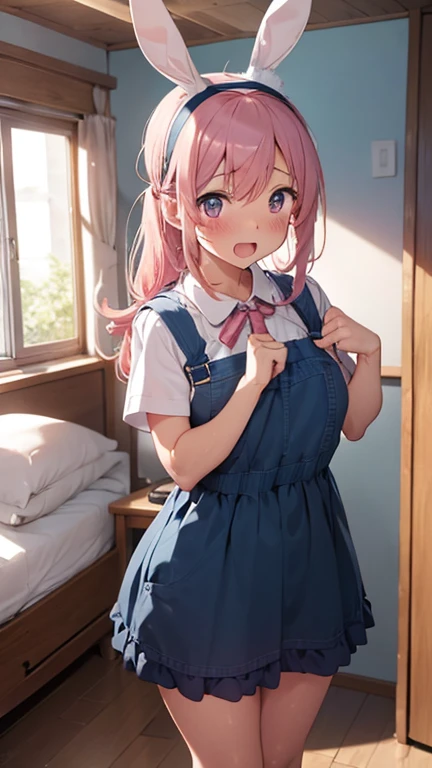 mastute piece,Best Quality,insanely detailed,8k cg,nsfw,
shoot upper body,(body in front:1.1),1girl,standing,looking at viewer,(light blue pinafore dress,rabbit ear head band,rabbit tail),BREAK,blush,shy,ecstasy face,gasping,(trembling:1.2),pink hair,break,open mouth,large breast,(in bedroom),