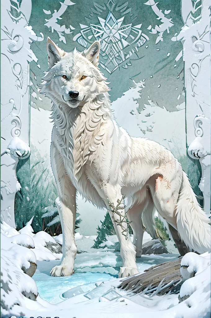 A serene white wolf with a mythical aura in a snowy forest, depicted with fine details.