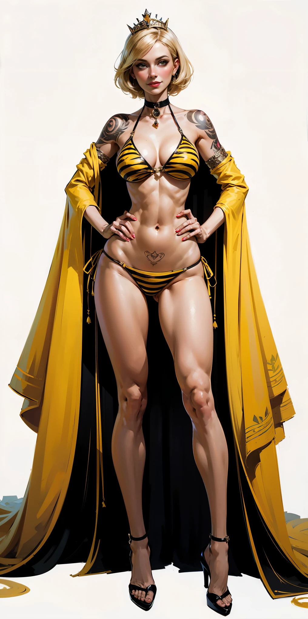 Two long thighs, yellow eyes, blonde hair, short hair, large breasts, detached sleeves, very white background, royal tiara, long cape, yellow tiger bikini, high heels, hands on hips. red tattoo on belly navel, full body female MILF BIMBO, lustful smirking smile face (red blush), metal shoulders, golden bracers sleeveless, black choker sex slave