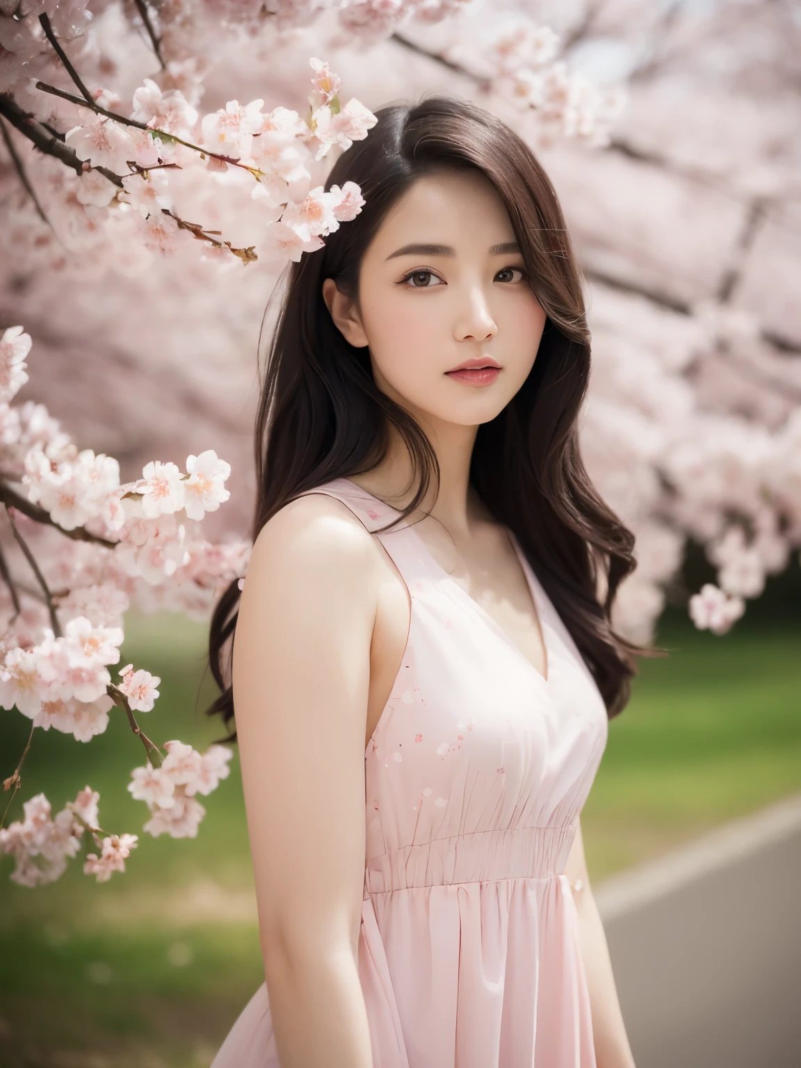 (A logo, masterpiece, 8K, masutepiece, Raw photo, Fantastic, Best Quality, Photorealistic and ighly detailed CG integrated 8k wallpaper, hightquality, ighly detailed, epic poem, Particle effect, Dynamic effects, depth of fields, Cinematic Light, Lens Flare, Ray tracing), Fantasia, (Beauty 1 person, doress, Dress, Cherry blossom pattern, A dark-haired, Beautiful face, Real Face, beautiful details eyes beautiful skin), my hair dances in the wind, Hair flutters in the wind, Hair jumps, Pink cherry blossom tree, Petals flutter, Sakura blizzard, Superb view, morning glow, Sun in the background, the wind,