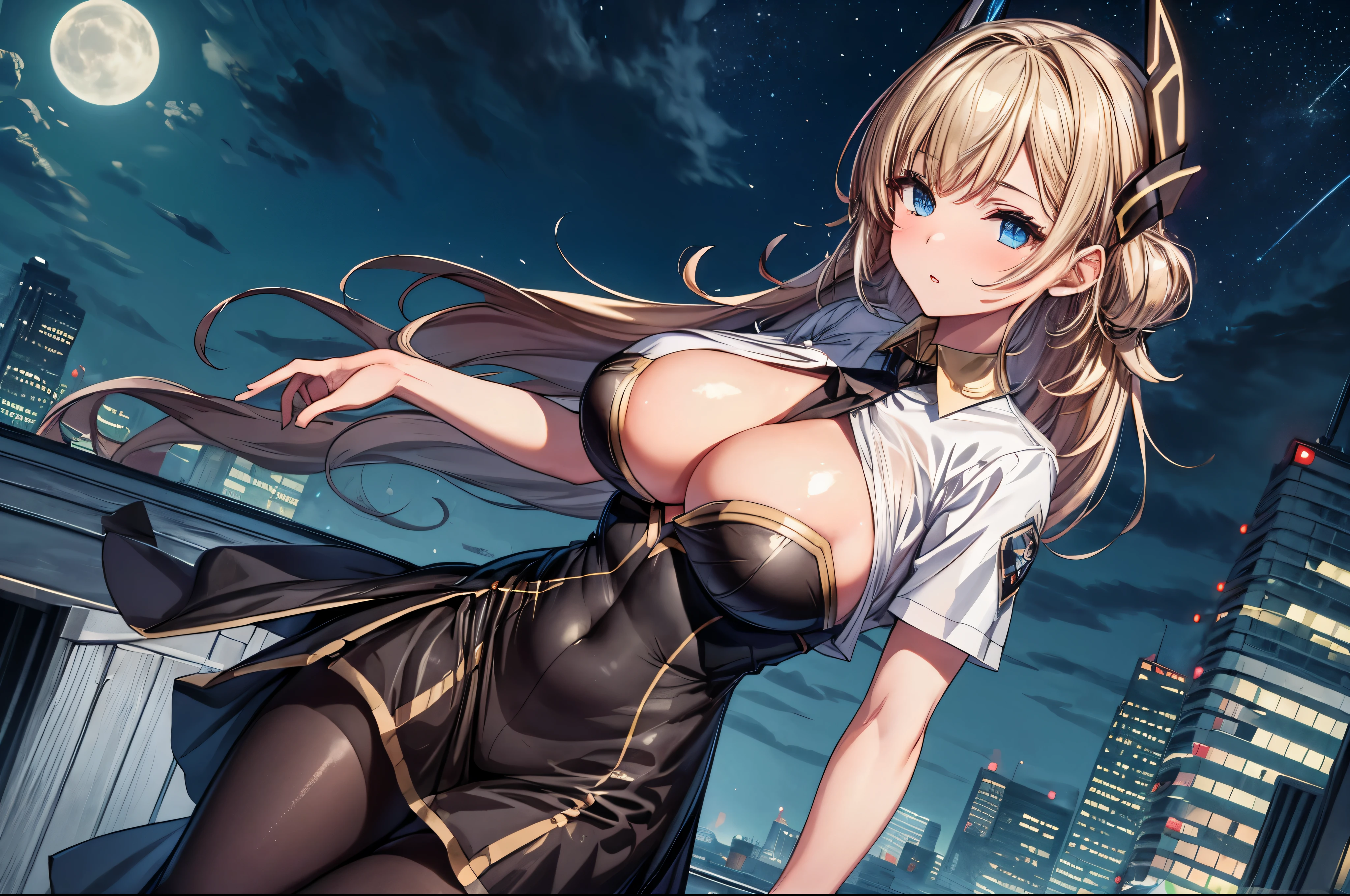 (masterpiece, best quality:1.2), intricate details, 1girl,sky striker ace raye,cityscape ,blue eyes,Blond hair, black headdress.Dark brown tie,standing on the roof of a building,raining,stars,night,cleavage,narrow bust,frontal view,(mature female:1.2),huge breasts