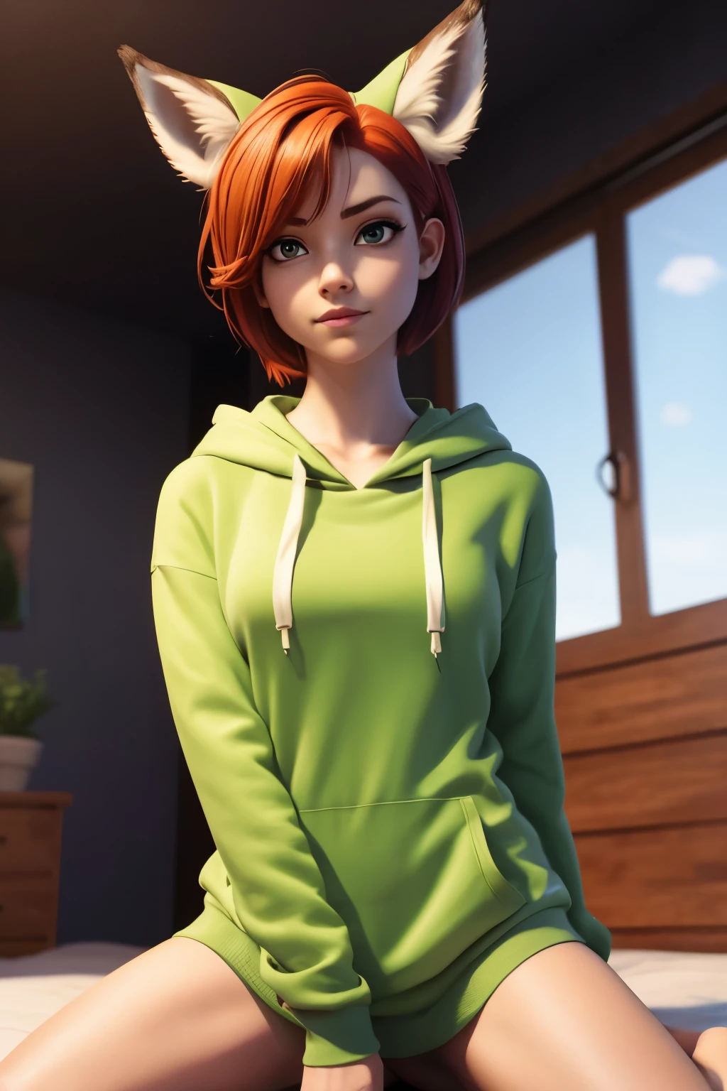 1girl, full body, teenager, solo, (short pixie cut Hair, undercut red hair: 1.28), ((light gray eyes)), some small freckles, (dark fox ears: 1.35), pale skin, large breasts, (thin hips, thin waist , athletic body: 1.25), simple background, looking away, (wearing a big oversized lime green hoodie: 1.5), kneeling on a bed, in a bedroom, masterpiece, best quality,3d rending work ,3DMM style, close-up, portrait, 3D,