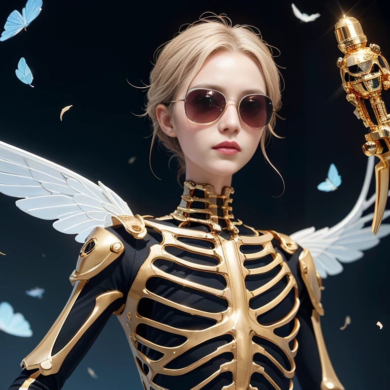 baton，Transparent wings，Magic wand，Wear thick gold-framed reflective sunglasses，32K（tmasterpiece，k hd，hyper HD，32K）Light orange flowing hair，The Silver Skull Jewelry District in the backstreets，Indigo Skull King ，Skeleton protector （The skeleton is realistic：1.4），Skull pattern robe，Silver skull flower ornaments，Petals flutter，Colored ball head，Hold your head high，Be proud，The nostrils look at people， A high resolution， the detail， RAW photogr， Sharp Re， Nikon D850 Film Stock Photo by Jefferies Lee 4 Kodak Portra 400 Camera F1.6 shots, Rich colors, ultra-realistic vivid textures, Dramatic lighting, Unreal Engine Art Station Trend, cinestir 800，Hold your head high，Be proud，The nostrils look at people，Tsundere，Petals flutter，Petals flutter，Sprinkle with gold dust，Fluttering，Impeccable，( reasonable design, Clear lines, High sharpness,Best quality, Very detailed skeleton, The skeleton of a masterpiece, offcial art, movie light effect, 4K skeleton（（（Wear thick gold-framed reflective sunglasses）））Transparent wings，（baton）（Baton in hand）（Giant baton）baton，