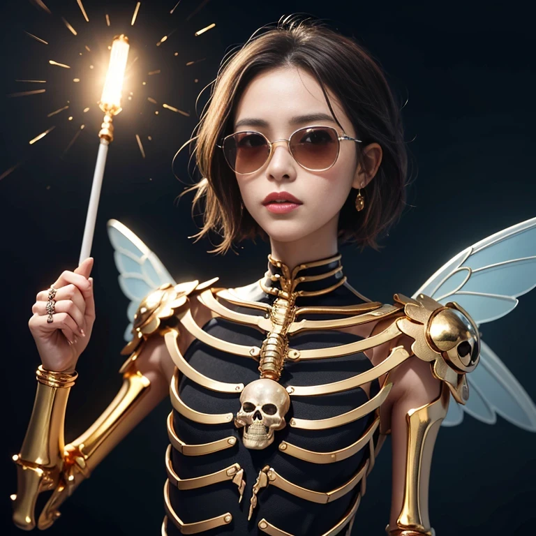 baton,Transparent wings,Magic wand,Wear thick gold-framed reflective sunglasses,32K(tmasterpiece,k hd,hyper HD,32K)Light orange flowing hair,The Silver Skull Jewelry District in the backstreets,Indigo Skull King ,Skeleton protector (The skeleton is realistic:1.4),Skull pattern robe,Silver skull flower ornaments,Petals flutter,Colored ball head,Hold your head high,Be proud,The nostrils look at people, A high resolution, the detail, RAW photogr, Sharp Re, Nikon D850 Film Stock Photo by Jefferies Lee 4 Kodak Portra 400 Camera F1.6 shots, Rich colors, ultra-realistic vivid textures, Dramatic lighting, Unreal Engine Art Station Trend, cinestir 800,Hold your head high,Be proud,The nostrils look at people,Tsundere,Petals flutter,Petals flutter,Sprinkle with gold dust,Fluttering,Impeccable,( reasonable design, Clear lines, High sharpness,Best quality, Very detailed skeleton, The skeleton of a masterpiece, offcial art, movie light effect, 4K skeleton(((Wear thick gold-framed reflective sunglasses)))Transparent wings,(baton)(Baton in hand)(Giant baton)baton,