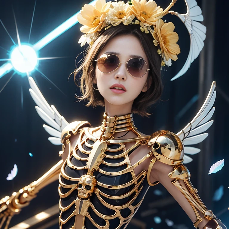 baton,Transparent wings,Magic wand,Wear thick gold-framed reflective sunglasses,32K(tmasterpiece,k hd,hyper HD,32K)Light orange flowing hair,The Silver Skull Jewelry District in the backstreets,Indigo Skull King ,Skeleton protector (The skeleton is realistic:1.4),Skull pattern robe,Silver skull flower ornaments,Petals flutter,Colored ball head,Hold your head high,Be proud,The nostrils look at people, A high resolution, the detail, RAW photogr, Sharp Re, Nikon D850 Film Stock Photo by Jefferies Lee 4 Kodak Portra 400 Camera F1.6 shots, Rich colors, ultra-realistic vivid textures, Dramatic lighting, Unreal Engine Art Station Trend, cinestir 800,Hold your head high,Be proud,The nostrils look at people,Tsundere,Petals flutter,Petals flutter,Sprinkle with gold dust,Fluttering,Impeccable,( reasonable design, Clear lines, High sharpness,Best quality, Very detailed skeleton, The skeleton of a masterpiece, offcial art, movie light effect, 4K skeleton(((Wear thick gold-framed reflective sunglasses)))Transparent wings,(baton)(Baton in hand)(Giant baton)baton,