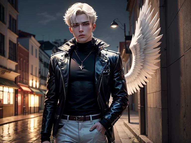 male fallen angel, pale skin, pingente de ampulheta, olhos azuis reluzentes, pants and jacket, luz pairando ao seu redor, de frente a janela, noite