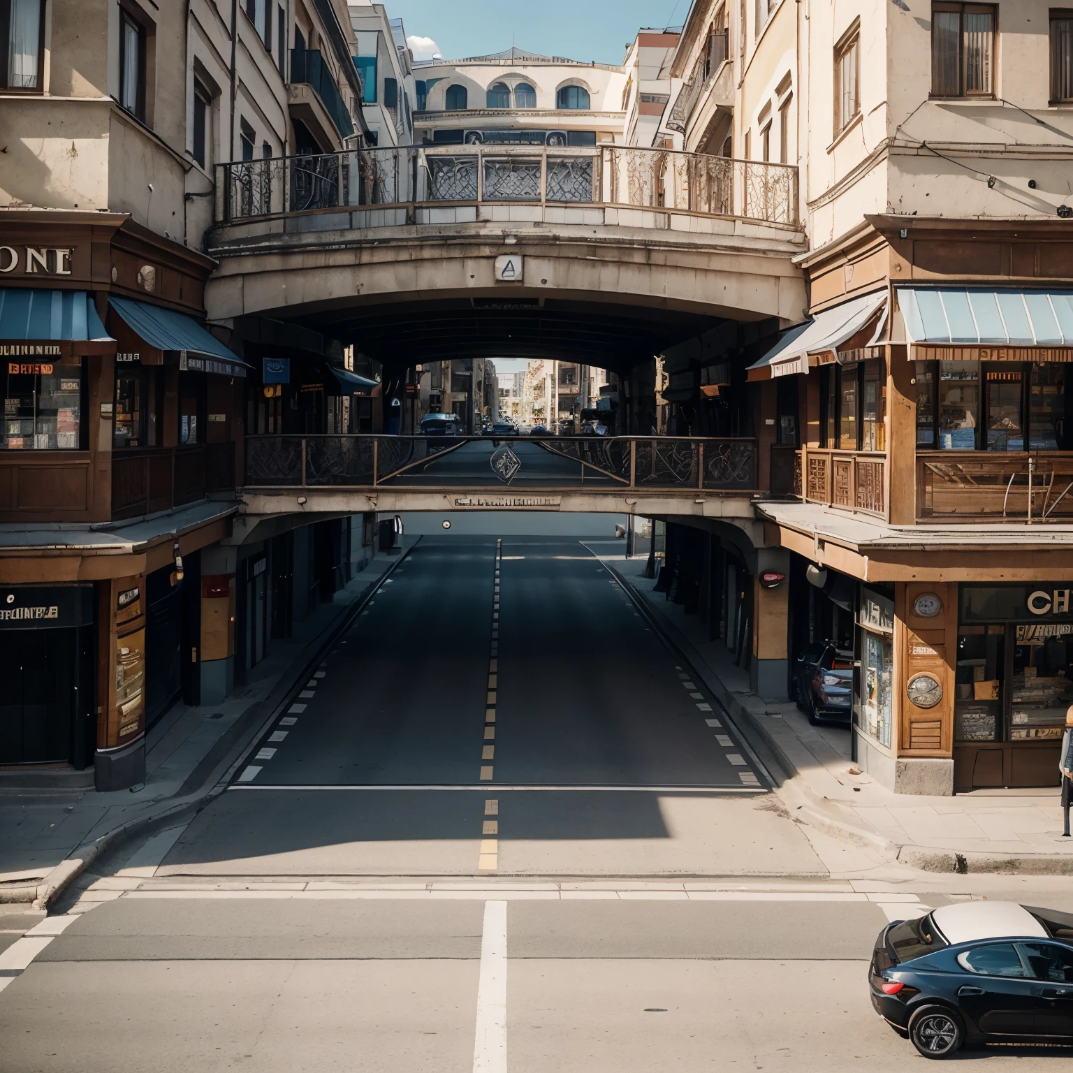 Draw a bridge for 4 cars, two in one direction, two in the other. The bridge is surrounded on both sides by rows of shops, boutique, restaurants, coffee. The bridge ends with a circular overhead bridge enclosed on 4 sides by high-rise buildings (bridge intersection) all this in Osh Kyrgyzstan