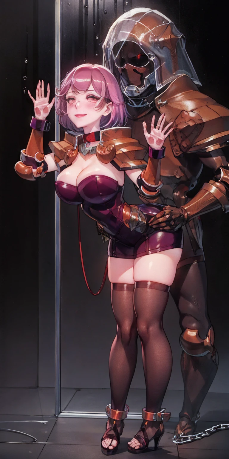 dark fantasy anime illustration of a (mature MILF BIMBO albino skin and short white hair), (FULL BODY) perfect face, wearing tight leather stealth armor, stalking, BIG KNOCKERS CLEAVAGE, lustful smirking smile red blush red cheeks, chain leash, kneeling, shackles, leather black collar slave, ((BLACK background)) hands on glass WITH KNOCKERS on glass, glass window fog water drop, 5 fingers each hand, metal handcuffs, black choker collar, thigh highs, long legs, metal ankle, metal sandals, metal shoulders, standing straight symmetrical against glass