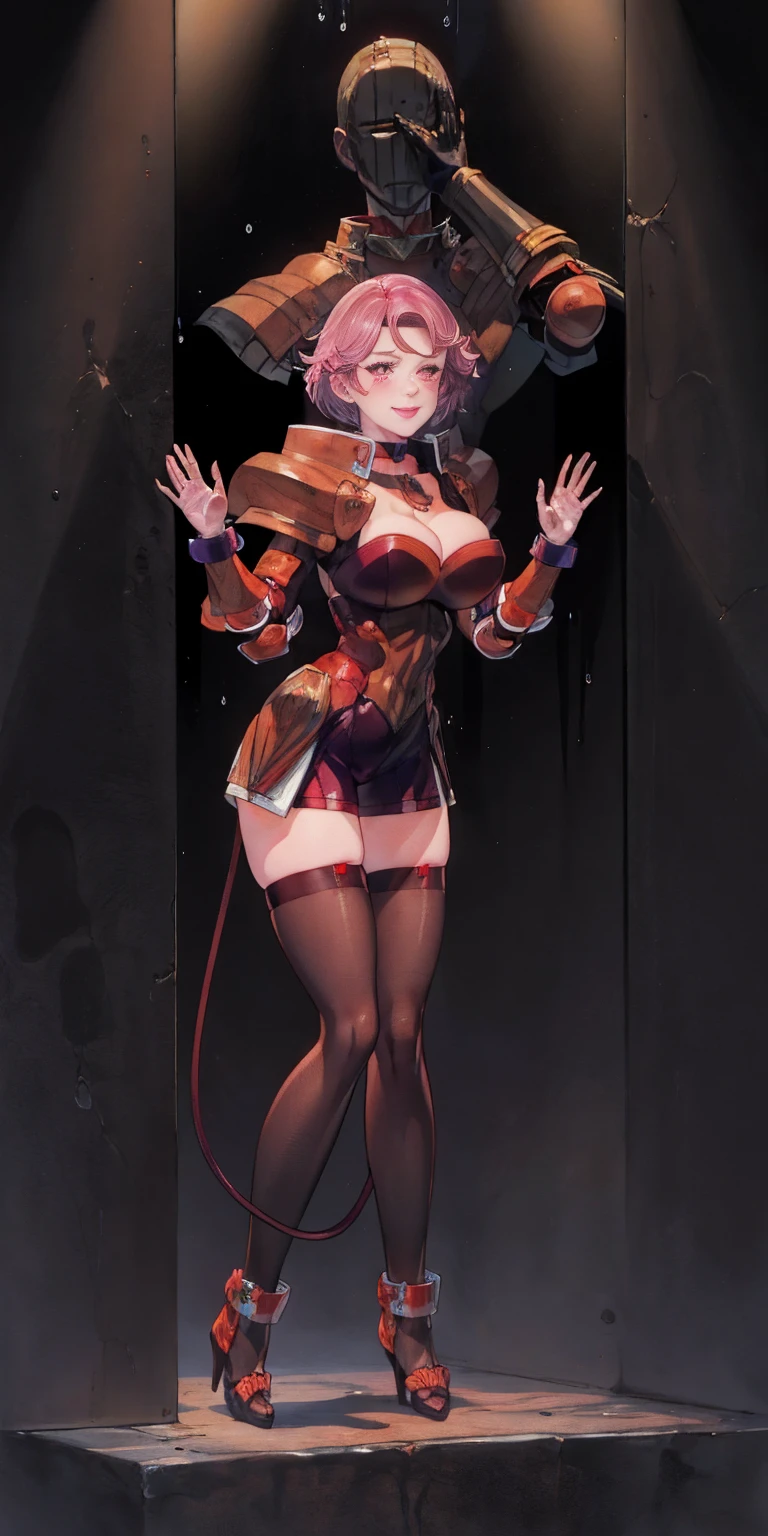 dark fantasy anime illustration of a (mature MILF BIMBO albino skin and short white hair), (FULL BODY) perfect face, wearing tight leather stealth armor, stalking, BIG KNOCKERS CLEAVAGE, lustful smirking smile red blush red cheeks, chain leash, kneeling, shackles, leather black collar slave, ((BLACK background)) hands on glass WITH KNOCKERS on glass, glass window fog water drop, 5 fingers each hand, metal handcuffs, black choker collar, thigh highs, long legs, metal ankle, metal sandals, metal shoulders, standing straight symmetrical against glass