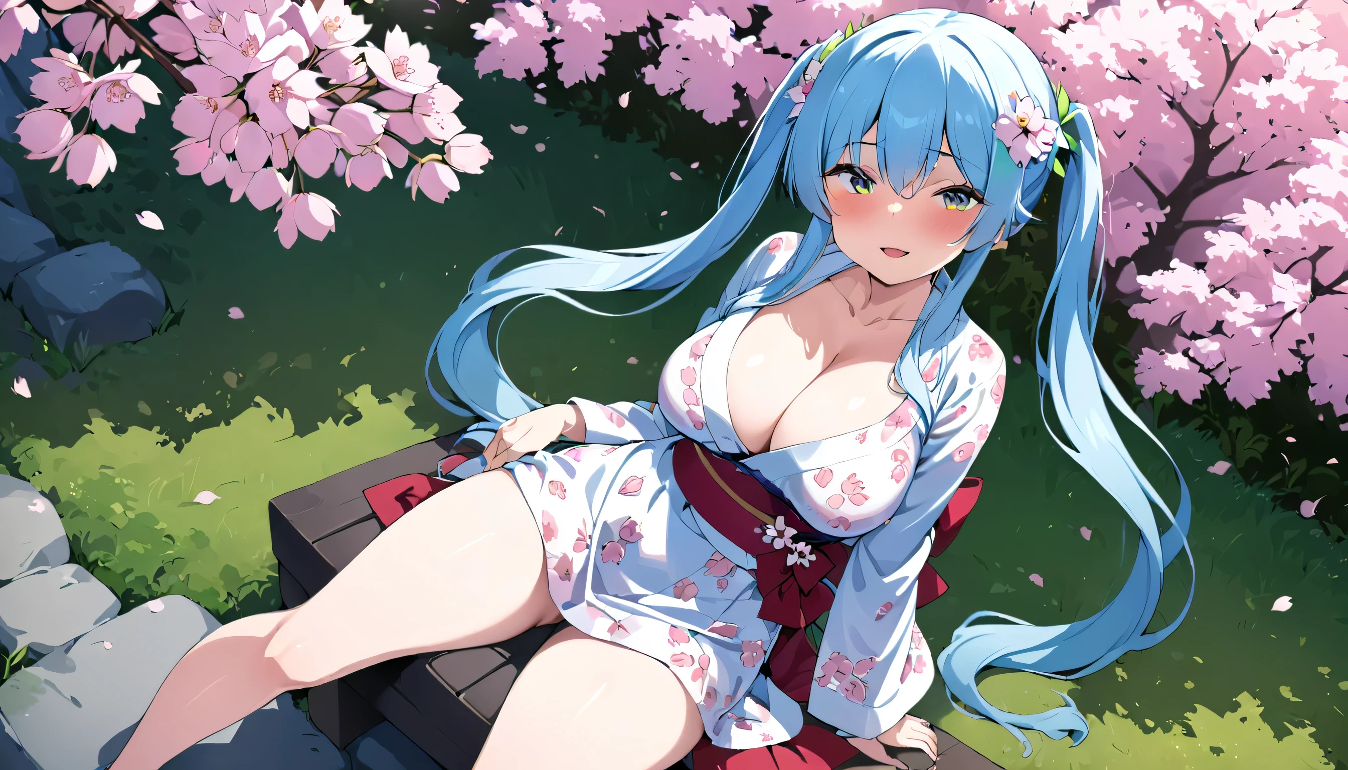 (Masterpiece, highest quality), 1 elven girl, solo, long hair, Large breasts, looking at viewer, blush, smile, bangs, very long hair, light blue hair, hair style is twin tails,flower hair ornament , large breasts, long sleeves, cleavage, hair between eyes, sitting, open mouth,  collarbone, thighs, outdoors, japanese clothes, kimono, sash, petals, floral print, cherry blossoms, yukata, white kimono, print kimono,(Open the front of the kimono chest very wide),Ease up a kimono  sash