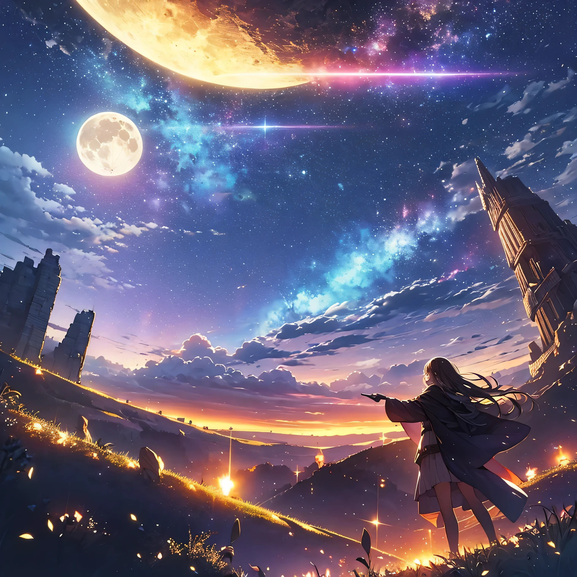 expansive landscape photograph , (a view from below that shows sky above and open field below), a girl standing on flower field looking up, (full moon:1.2), ( shooting stars:0.9), (nebula:1.3), distant mountain, tree BREAK
production art, (warm light source:1.2), (Firefly:1.2), lamp, lot of purple and orange, intricate details, volumetric lighting, realism BREAK
(masterpiece:1.2), (best quality), 4k, ultra-detailed, (dynamic composition:1.4), highly detailed, colorful details,( iridescent colors:1.2), (glowing lighting, atmospheric lighting), dreamy, magical, (solo:1.2)