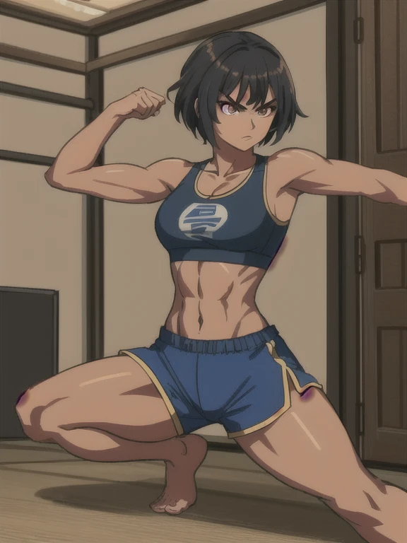 detailed illustration (side view),dynamic angle, ultra-detailed, illustration, clean line art, shading, anime, detailed eyes, detailed face, beautiful face, dramatic lighting, detailed illustration, dynamic angle, ultra-detailed, illustration,
A fit woman with toned abs, in bootie shorts, bandages wraps around chest, anime, wraps bra, Anime fighter protagonist, big round black girl ass, big tits, caramel skin, wide hips.