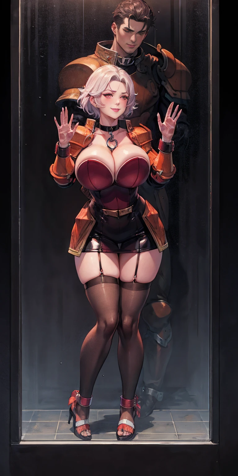 dark fantasy anime illustration of a (mature MILF BIMBO albino skin and short white hair), (FULL BODY) perfect face, wearing tight leather stealth armor, stalking, BIG KNOCKERS CLEAVAGE, lustful smirking smile red blush red cheeks, chain leash, kneeling, shackles, leather black collar slave, ((BLACK background)) hands on glass WITH KNOCKERS on glass, glass window fog water drop, 5 fingers each hand, metal handcuffs, black choker collar, thigh highs, long legs, metal ankle, metal sandals, metal shoulders, standing straight symmetrical against glass