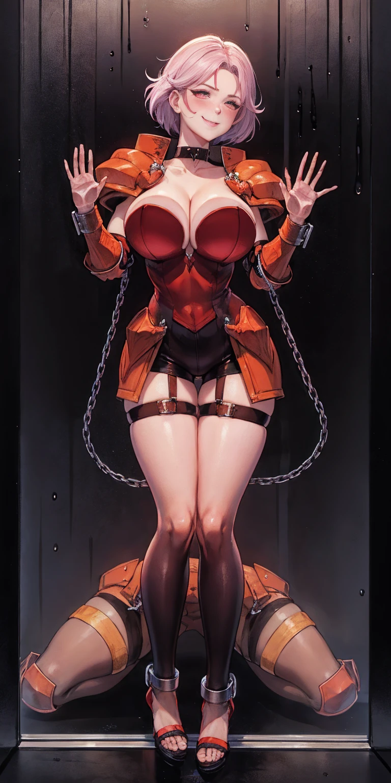 dark fantasy anime illustration of a (mature MILF BIMBO albino skin and short white hair), (FULL BODY) perfect face, wearing tight leather stealth armor, stalking, BIG KNOCKERS CLEAVAGE, lustful smirking smile red blush red cheeks, chain leash, kneeling, shackles, leather black collar slave, ((BLACK background)) hands on glass WITH KNOCKERS on glass, glass window fog water drop, 5 fingers each hand, metal handcuffs, black choker collar, thigh highs, long legs, metal ankle, metal sandals, metal shoulders, standing straight symmetrical against glass