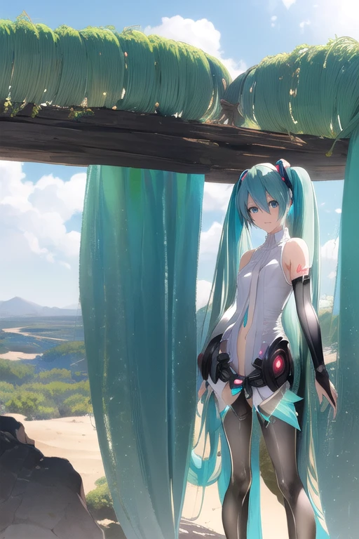 Hatsune Miku  obra de arte, Excelente, Solteira, 1 pessoa, feminina, juventude, adolescente, magra, emagrecimento, Hatsune Miku Vocaloid  linda, cabelo prateado, cabelo longo, pupilas cinzentas, bola flutuante de luz, white manto, manto, relaxar, fundo detalhado do deserto