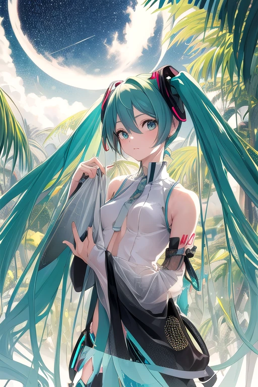 Hatsune Miku  obra de arte, Excelente, Solteira, 1 pessoa, feminina, juventude, adolescente, magra, emagrecimento, Hatsune Miku Vocaloid  linda, cabelo prateado, cabelo longo, pupilas cinzentas, bola flutuante de luz, white manto, manto, relaxar, fundo detalhado do deserto