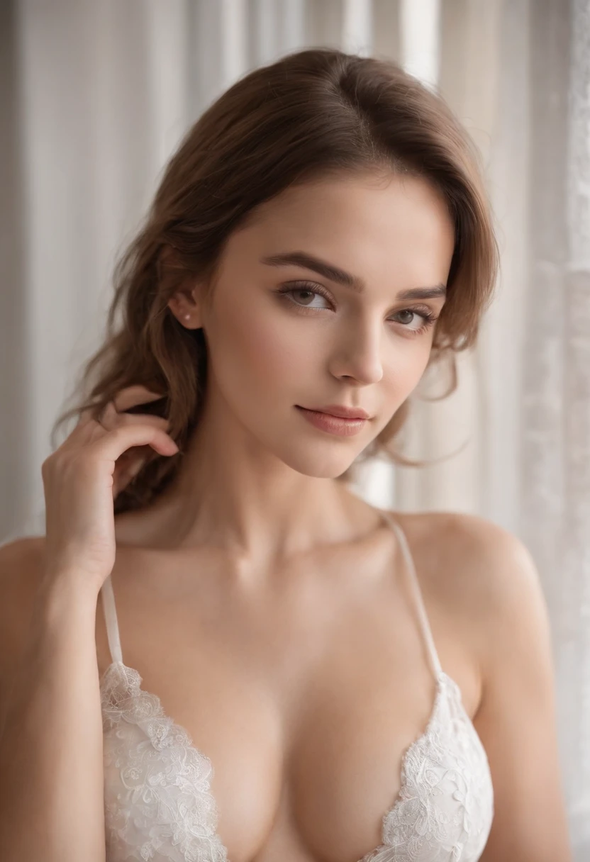 mujer sexy, 20 year, delgado, atletic, piel bronceada y brillante, pechos enormes, cintura delgada, cabello rubio rizado, transparent white lingerie, realista, Foto, real, natural