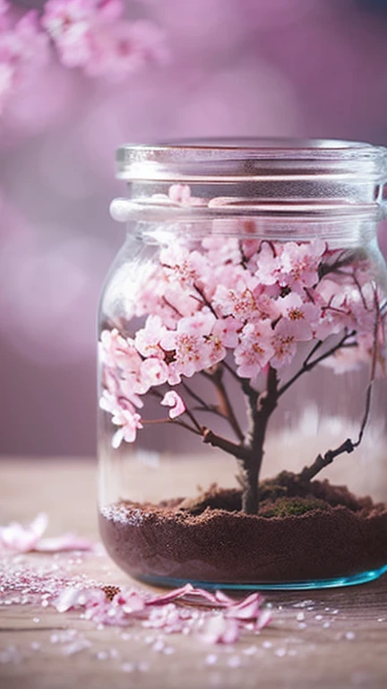 Close-up of cherry blossom tree in a jar, fluffy, airglow refraction, Rich colors, realistic textures, dramatic lighting, style glasses