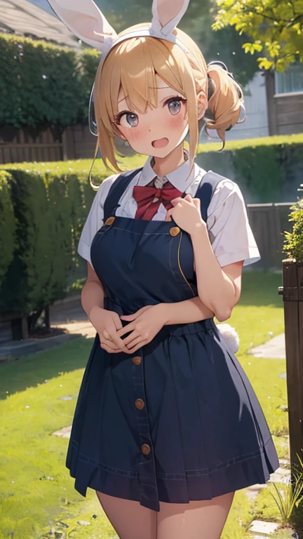 mastute piece,Best Quality,insanely detailed,8k cg,nsfw,
shoot upper body,(body in front:1.1),1girl,standing,looking at viewer,(light blue pinafore dress,rabbit ear head band,rabbit tail),BREAK,blush,shy,ecstasy face,gasping,(trembling:1.2),yellow hair,break,open mouth,large breast,(in garden),