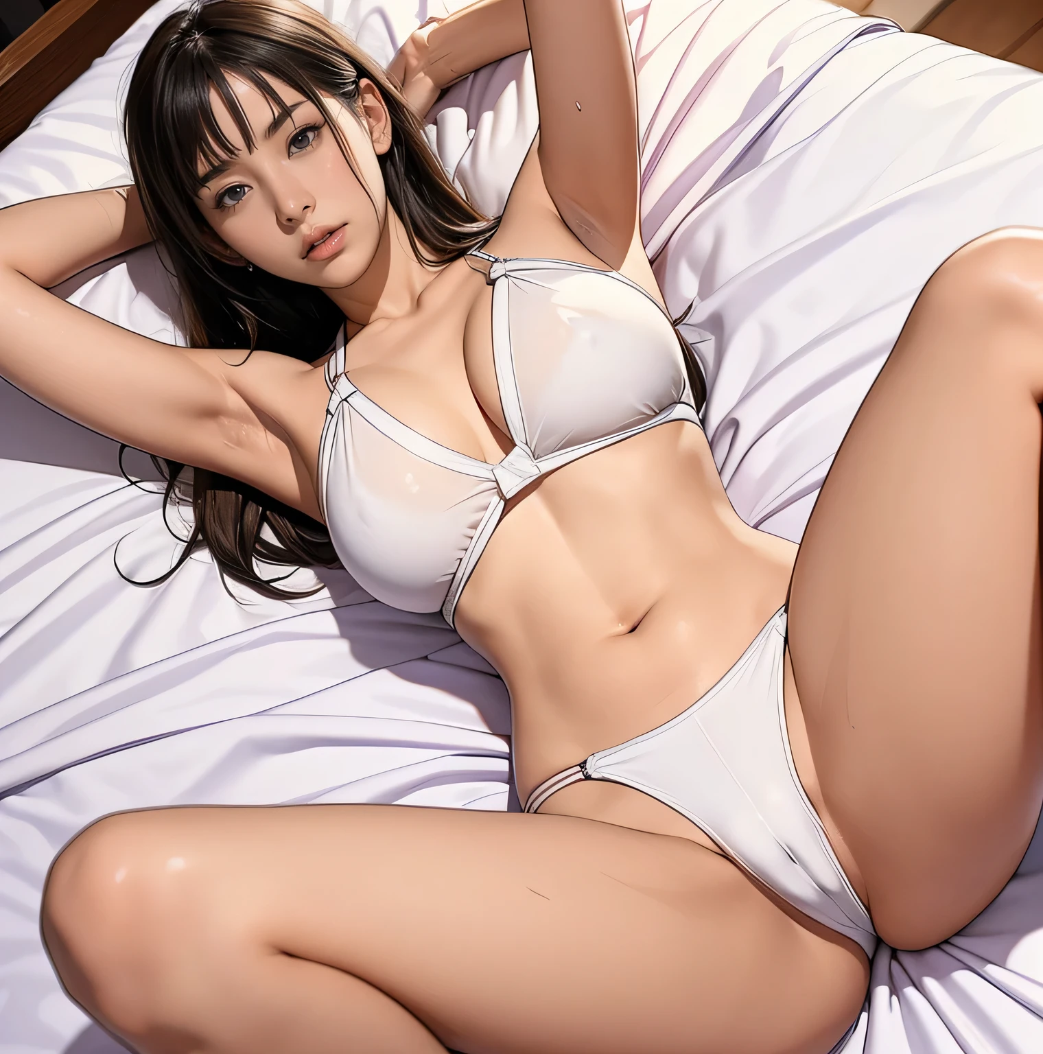 masterpiece、highest quality、Beautiful woman、Sayla Mashiro Bikini）））、（（（Wet and transparent white swimsuit）））、（（（high leg swimsuit）））、spread your legs、（（（crack in the groin）））、front shot、panty shot、crack in the groin、on the bed in the bedroom、beautiful breasts、I can see my belly button、Don&#39;Don&#39;t hide your crotch、raise both hands、Please show me your armpits、I can see your 、expression of ecstasy、blonde