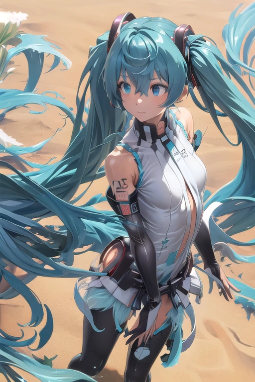 Hatsune Miku  obra de arte, Excelente, Solteira, 1 pessoa, feminina, juventude, adolescente, magra, emagrecimento, Hatsune Miku Vocaloid  linda, cabelo prateado, cabelo longo, pupilas cinzentas, bola flutuante de luz, white manto, manto, relaxar, fundo detalhado do deserto