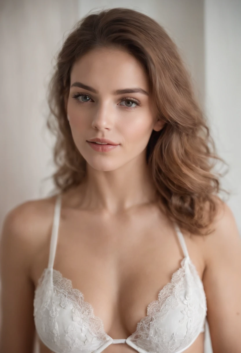 mujer sexy, 20 year, delgado, atletic, piel bronceada y brillante, pechos enormes, cintura delgada, cabello rubio rizado, transparent white lingerie, realista, Foto, real, natural