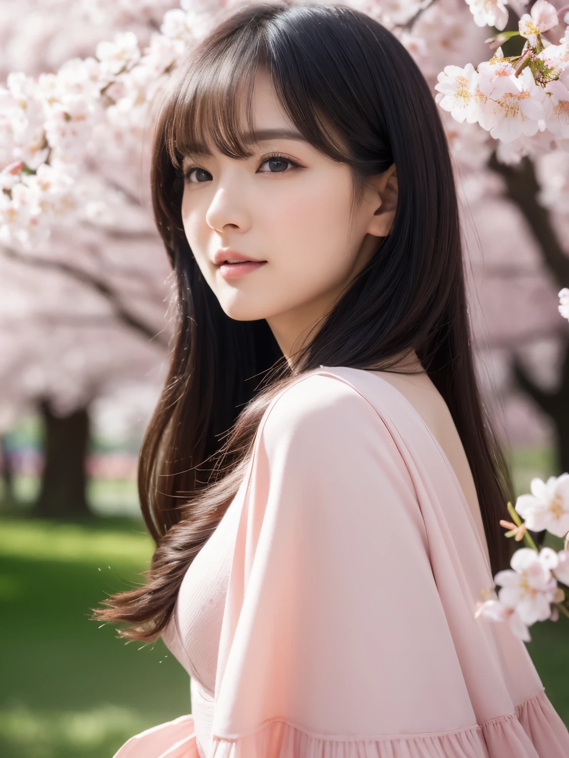 (A logo, masterpiece, 8K, masutepiece, Raw photo, Fantastic, Best Quality, Photorealistic and ighly detailed CG integrated 8k wallpaper, hightquality, ighly detailed, epic poem, Particle effect, Dynamic effects, depth of fields, Cinematic Light, Lens Flare, Ray tracing), Fantasia, (Beauty 1 person, doress, Dress, Cherry blossom pattern, A dark-haired, Beautiful face, Real Face, beautiful details eyes beautiful skin), my hair dances in the wind, Hair flutters in the wind, Hair jumps, Pink cherry blossom tree, Petals flutter, Sakura blizzard, Superb view, morning glow, Sun in the background, the wind, (random body orientation),